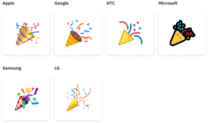 Party popper emoji icons for Apple, Google, HTC, Microsoft, Samsung and LG